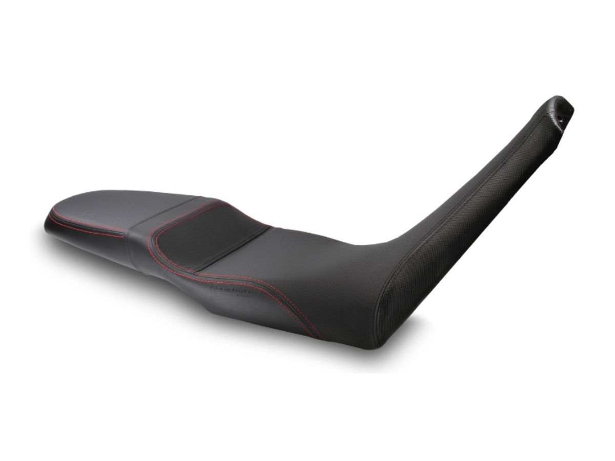 REVolution OEM Seat Upgrade for the Aprilia Tuareg 660 shown with Performance Plus DTX and Red stitch.